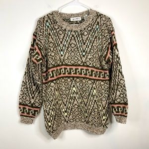 T. Q. 80’s Vintage Abstract Geometric Pattern Knit Crew Neck Chunky Sweater